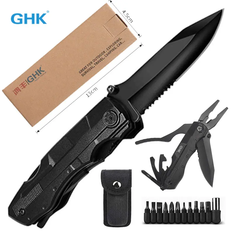 GHK Foldable Pocket Knife - 12cm Stainless Steel Multitool with Blade, Outdoor Emergency Camping Gear, Men's Christmas Birthday Stocking Stuffer Gift, Pocket Knives
