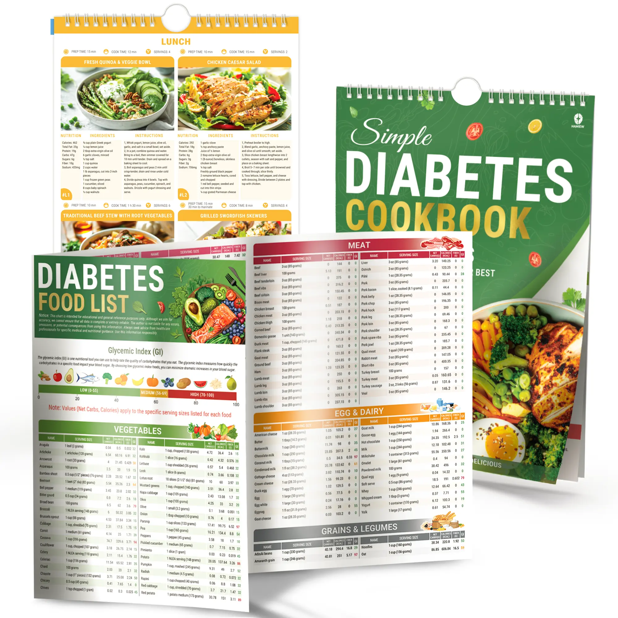 Diabetes Cookbook & Meal Planner 2026 - 80 Recipes, 4-Week Plan, Laminated Flip Chart + Food List, 2-in-1 Pack, Low-GI Food List, Wipe-Clean Pages