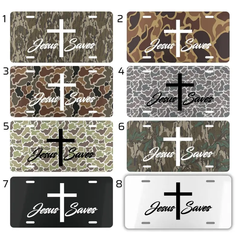 Jesus Saves License Plate Frame – Christian Car Tag with Cross, Faith Based Aluminum Vanity Plate for Truck, SUV, Gift for Him