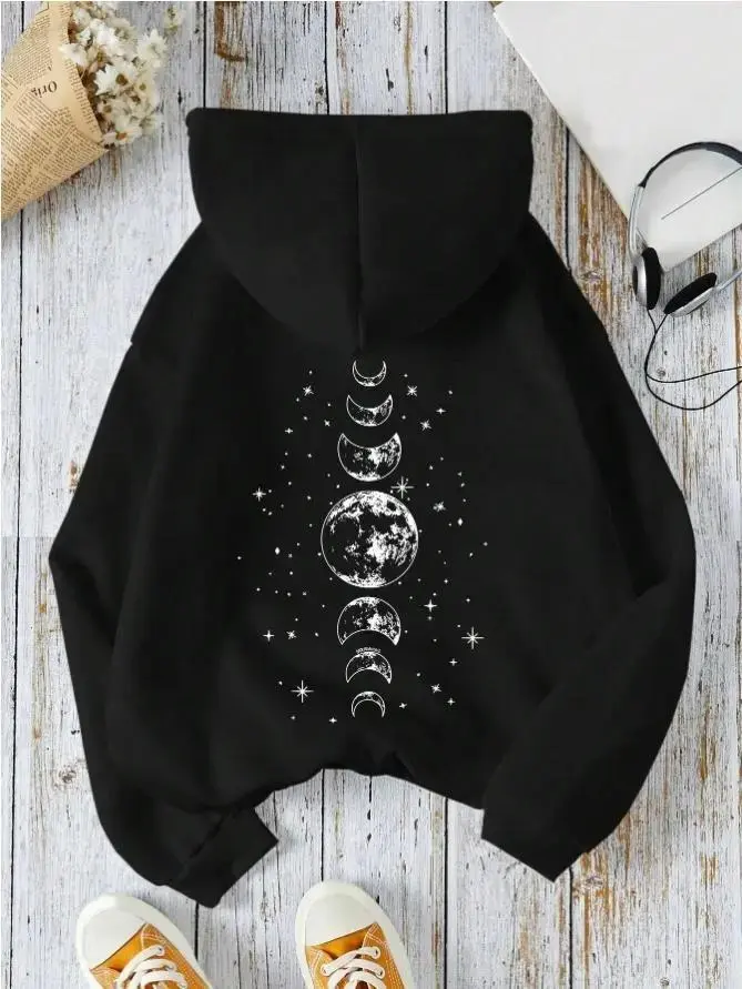 Women's Oversize Star & Moon Graphic Cotton Hooded Sweatshirt - Soft, Lightweight, Breathable, Printed T-Shirt - Fall Casual Pullover for Graduation, Back to School Outfits, Statement