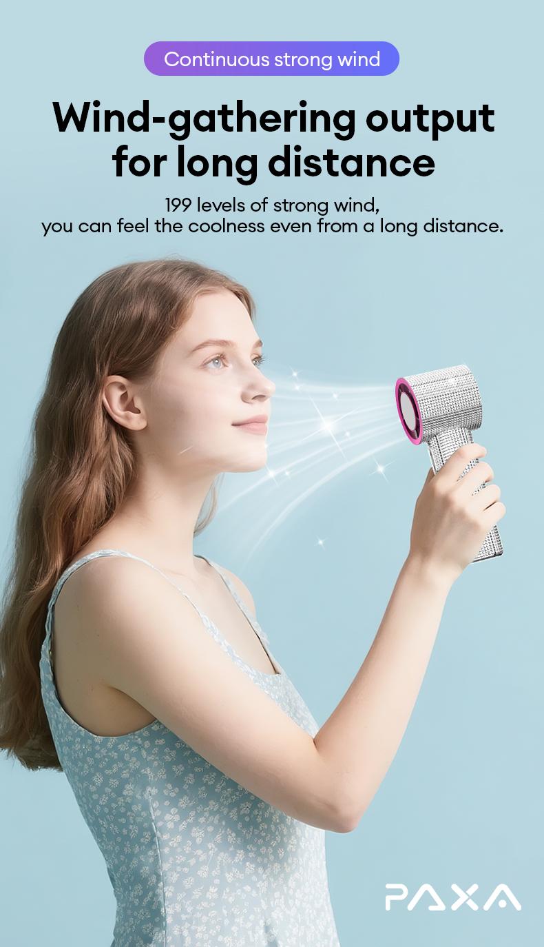 PAXA M15 Full Diamond Luxury Craftsmanship Portable Handheld Turbo Fan, 3 Gear Wind, Rechargeable Long Battery Life Hand Fan With Digital Display For Outdoor Activities, Travel, Office, Wonmen's gift