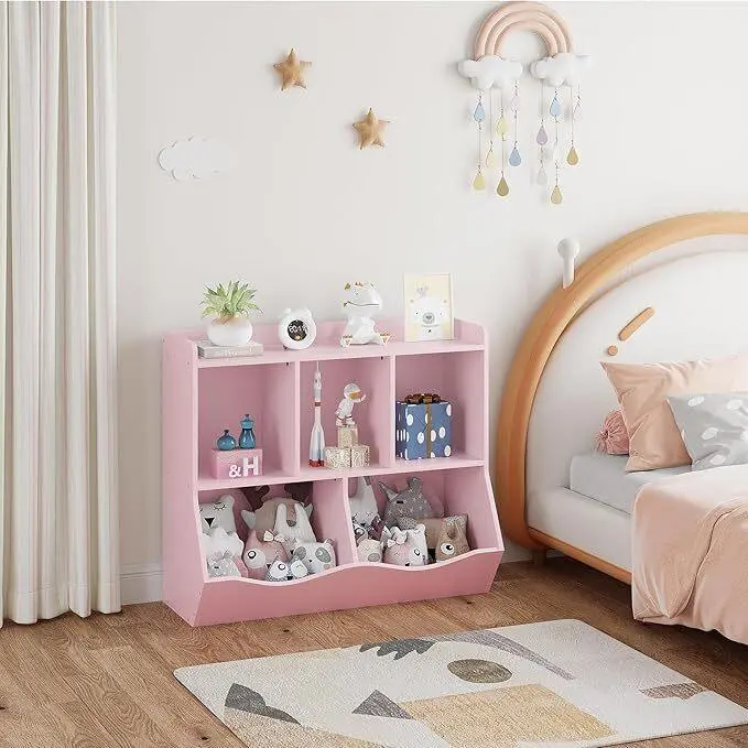 Children's shelf toy shelf bookcase children's toy storage 2-tier with 5 compartments for children's room playroom kindergarten 92 * 29 * 80cm,Pink