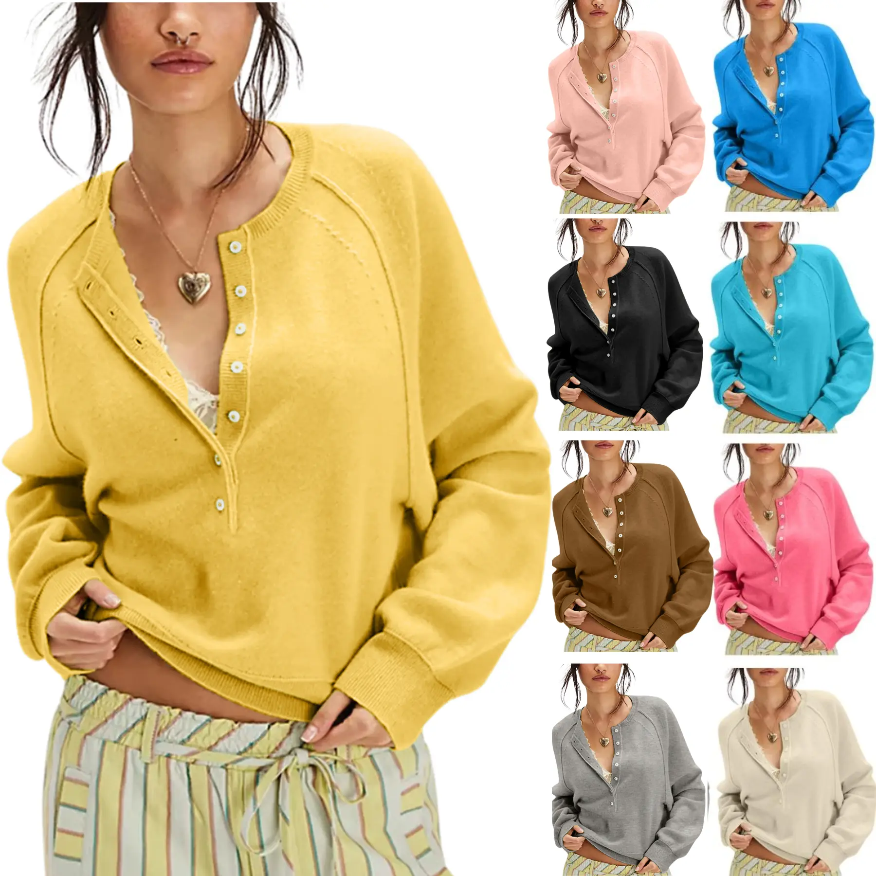 SCUSTY Womens Long Sleeve Knitting Sweater Tops Half Button Sweaters Henley Neckline Casual Lightweight Solid Pullover Knitting Comfortable Soft Womenswear