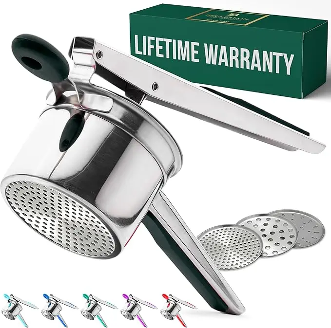 Bellemain 15 oz Large Potato Ricer | Heavy-Duty Stainless Steel Potato Ricer & Masher | Perfect for Mashed Potatoes | Kitchen Tool with 3 Interchangeable Discs (Black)