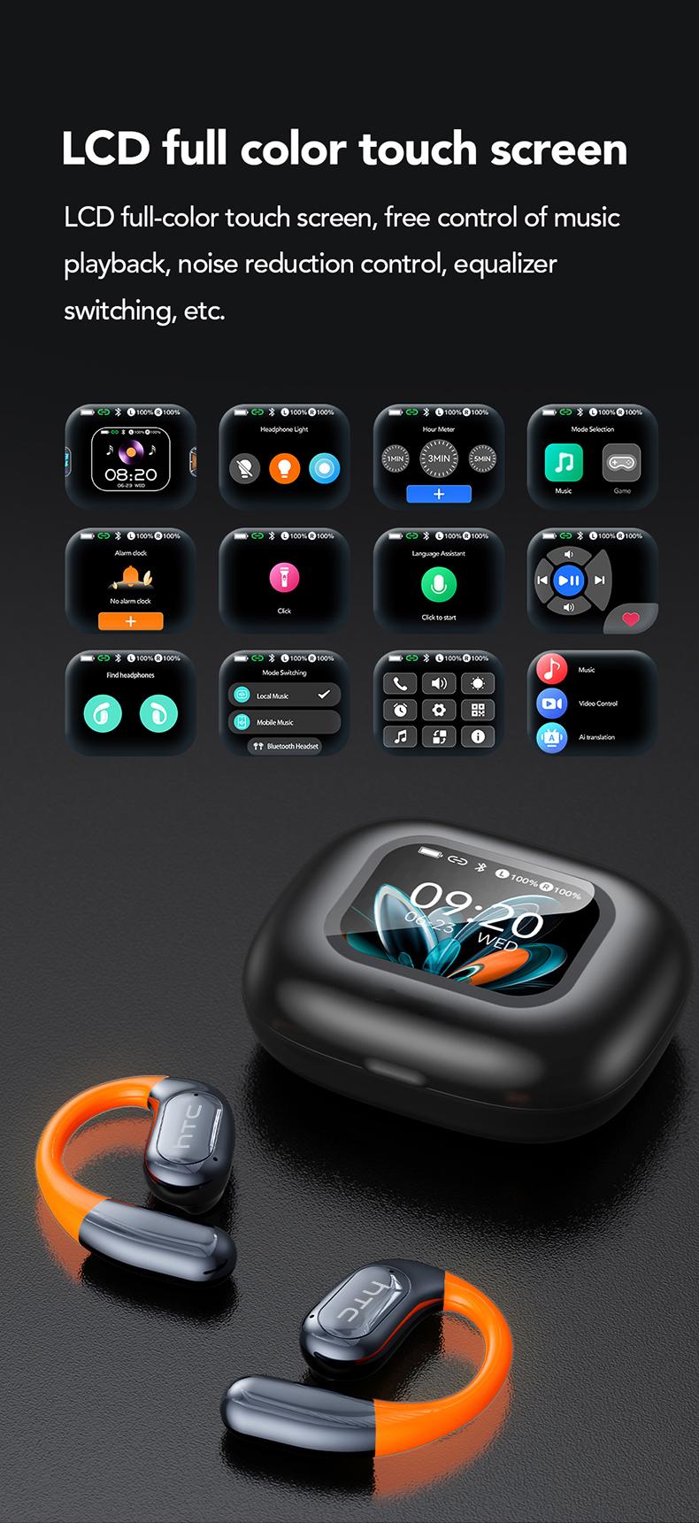 HTC NE27 Open-Ear True Wireless Bluetooth Headphones with Microphone, LED Display Earbuds with Earhooks, Sweat Resistant, 48HRS Playtime, Compatible with iPhone & Android, Black