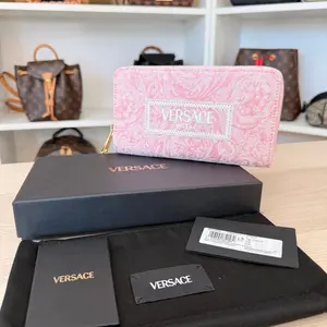 Pre-owned VERSACE Jacquard Small Leather Goods Athena Zip Around Wallet Leather Pink
