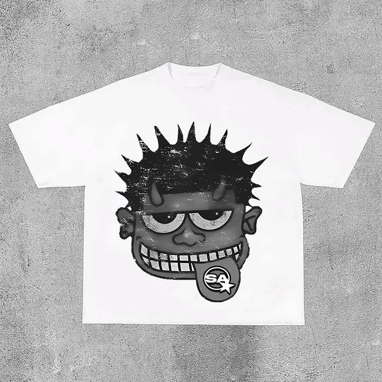 Classic Cropped T-Shirt with Monster Graphic, Unisex Cotton Jersey Top for Streetwear, Aesthetic Short Sleeve Tee for Menswear Decoration, Round Neck, Cropped Graphic Tee, Digital Print, Seamless
