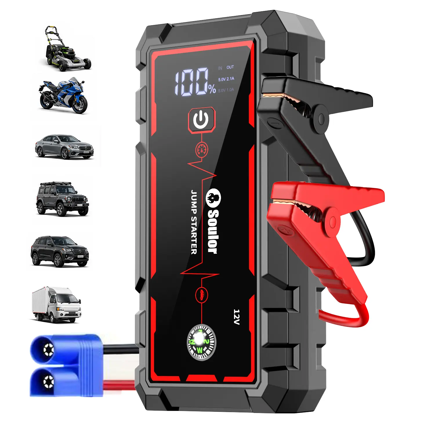 8000mAh  Car Jump Starter Portable Battery Booster – 12V Emergency Jump Starter for Cars, SUVs, Trucks & Agricultural Vehicles with LED Flashlight, Power Bank & Built-in Compass sohochic