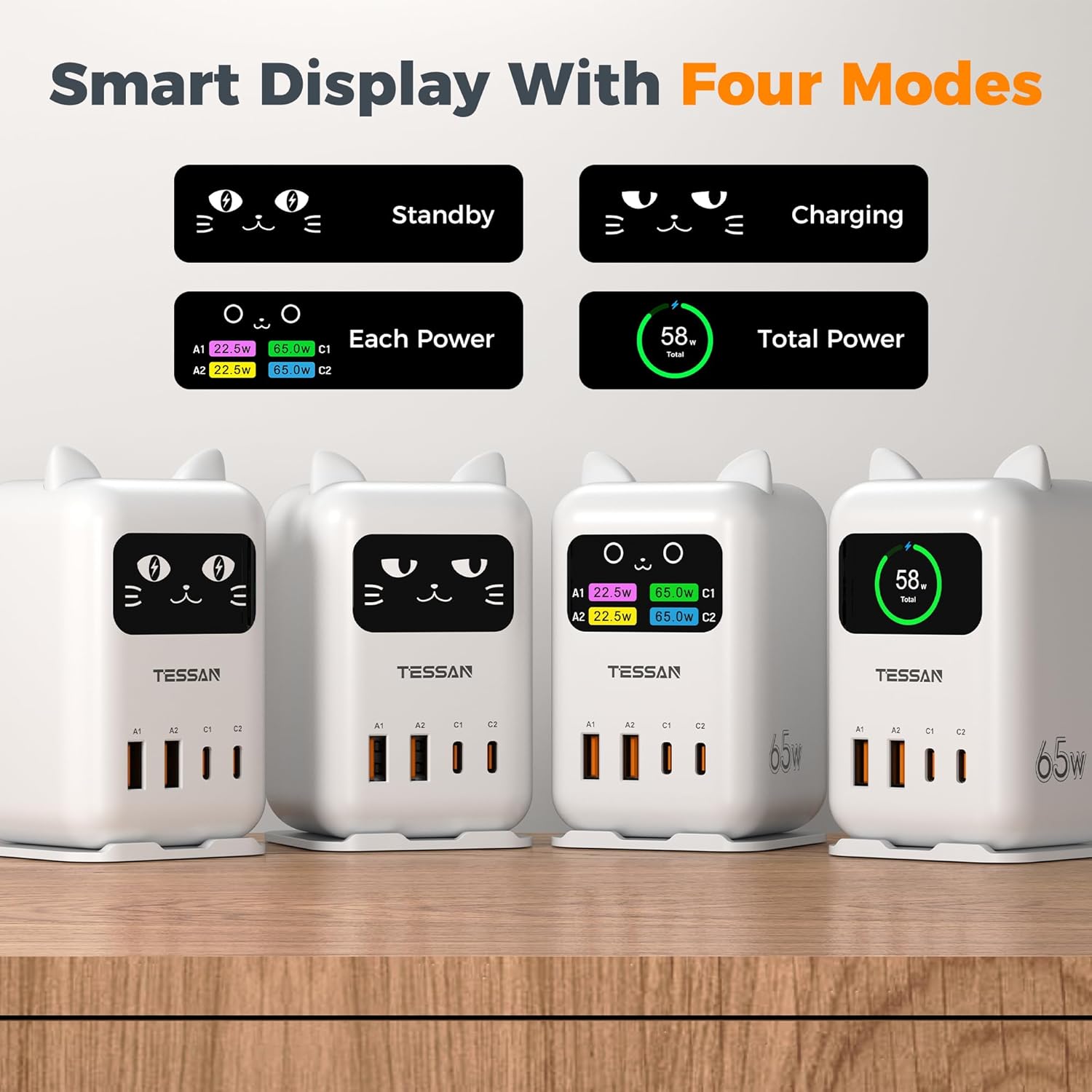 Tessan PD 65W Lucky Cat USB Charging Station for Multiple Devices, Desktop Tower Cat-Shaped Charging Companion with 4 USB Ports for Smartphones, Tablets, Pads and Other Electronic Devices in Office Home Dormroom