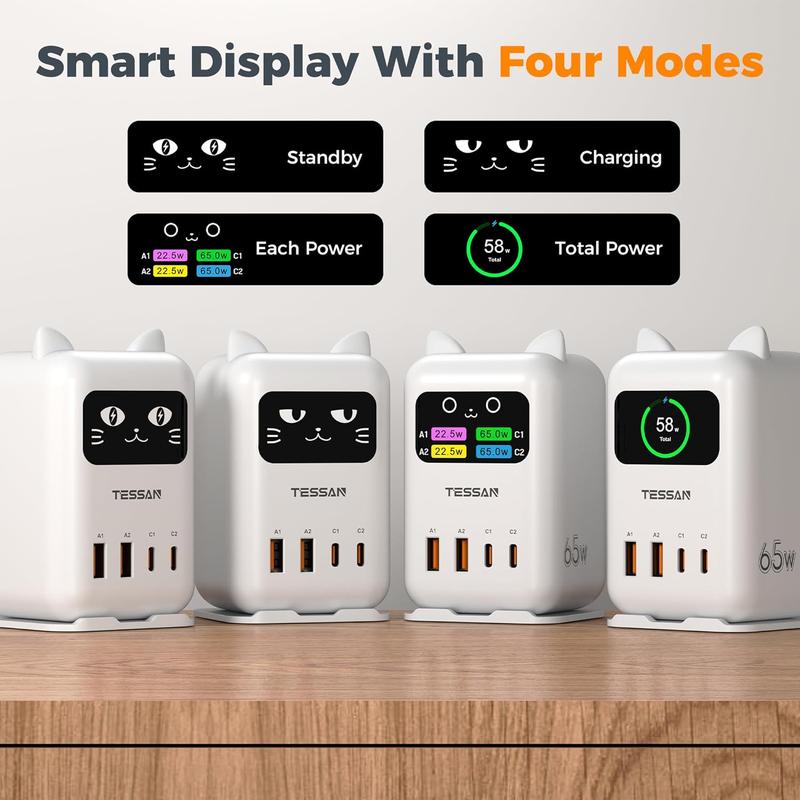 Tessan PD 65W Lucky Cat USB Charging Station for Multiple Devices, Desktop Tower Cat-Shaped Charging Companion with 4 USB Ports for Smartphones, Tablets, Pads and Other Electronic Devices in Office Home Dormroom