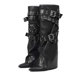 Womens Knee High Boots Slouchy Boots Pointed Toe Wedge Heel Adjustable Buckle Fold Over Comfy Warm Cozy Easy Pull On Gifts Everyday Wear Dressy Shoes