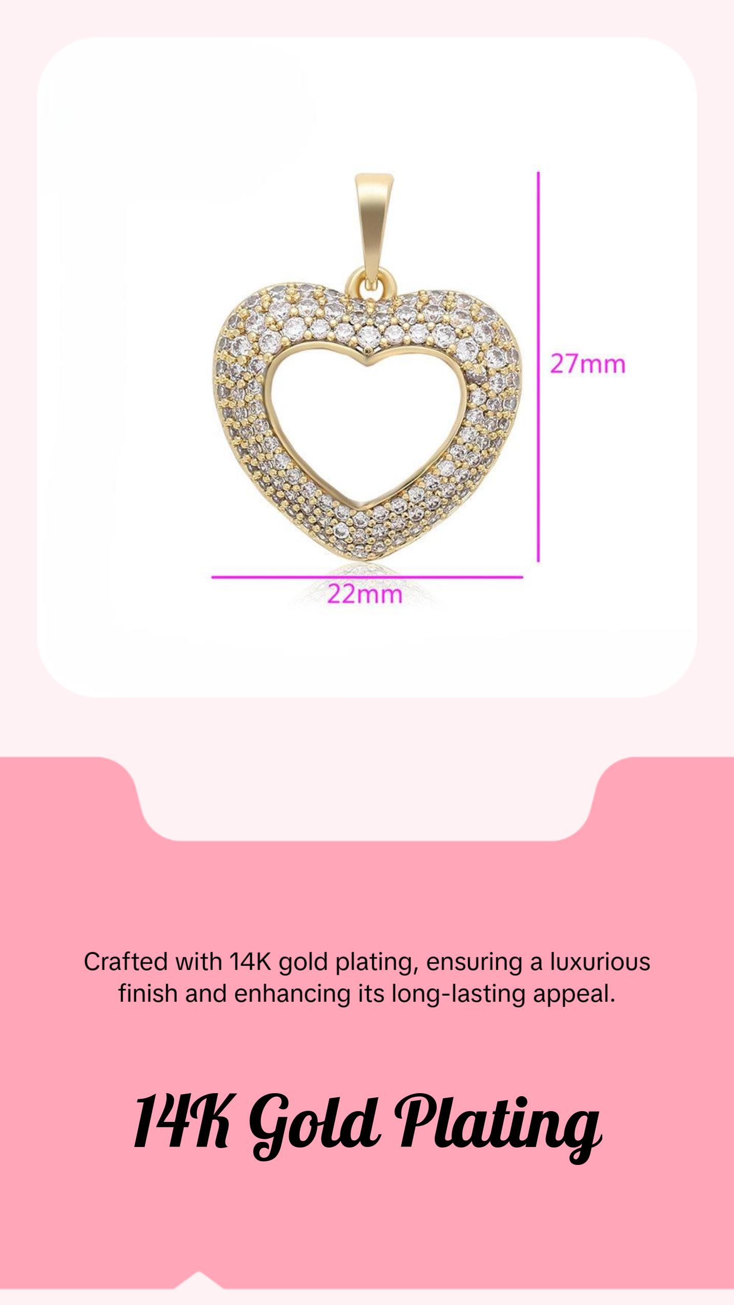 Romantic Gold Heart Pendant with Crystals - 14KGold Plated