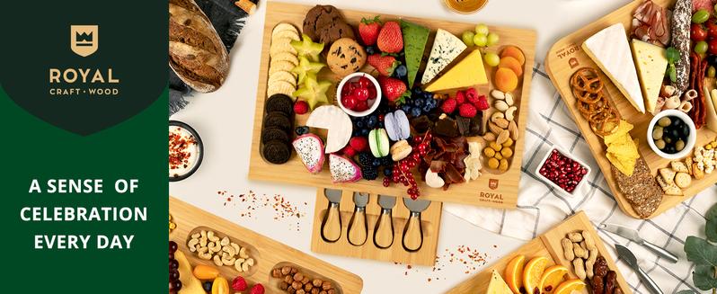 Royal Craft Wood Charcuterie Board with Knives - Cheese Platter & Serving Tray, Cheese Board Set, Wooden Bamboo Tableware with Cutlery