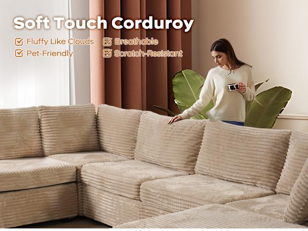 【8 Packages Shipping】Ovios 130.7" Modular Sectional Sofa Couch, U-Shaped Minimalist Couches with Sofa Bed Chaise, L-Shaped Modern Deep Seat Cloud Plush Corduroy Sofas with Ottoman Set for Living Room, 8 Seater