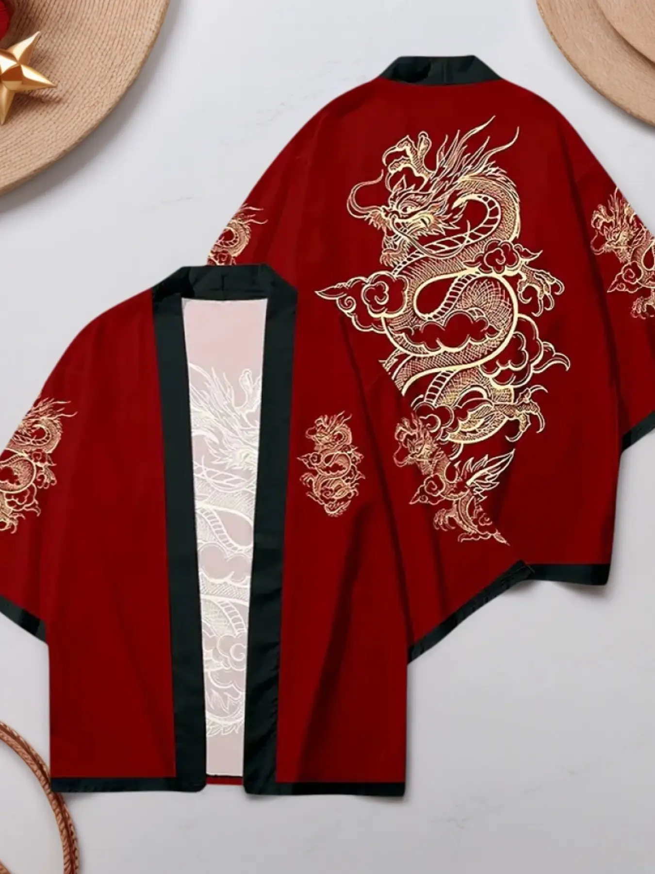 Traditional Chinese Cultural Men's Hanfu Cardigan, Dragon Print, Lightweight Loose-Fit Kimono Style, Casual Seven-Quarter Sleeve Jacket, Clothes, Traditional Wear, Traditional Clothing