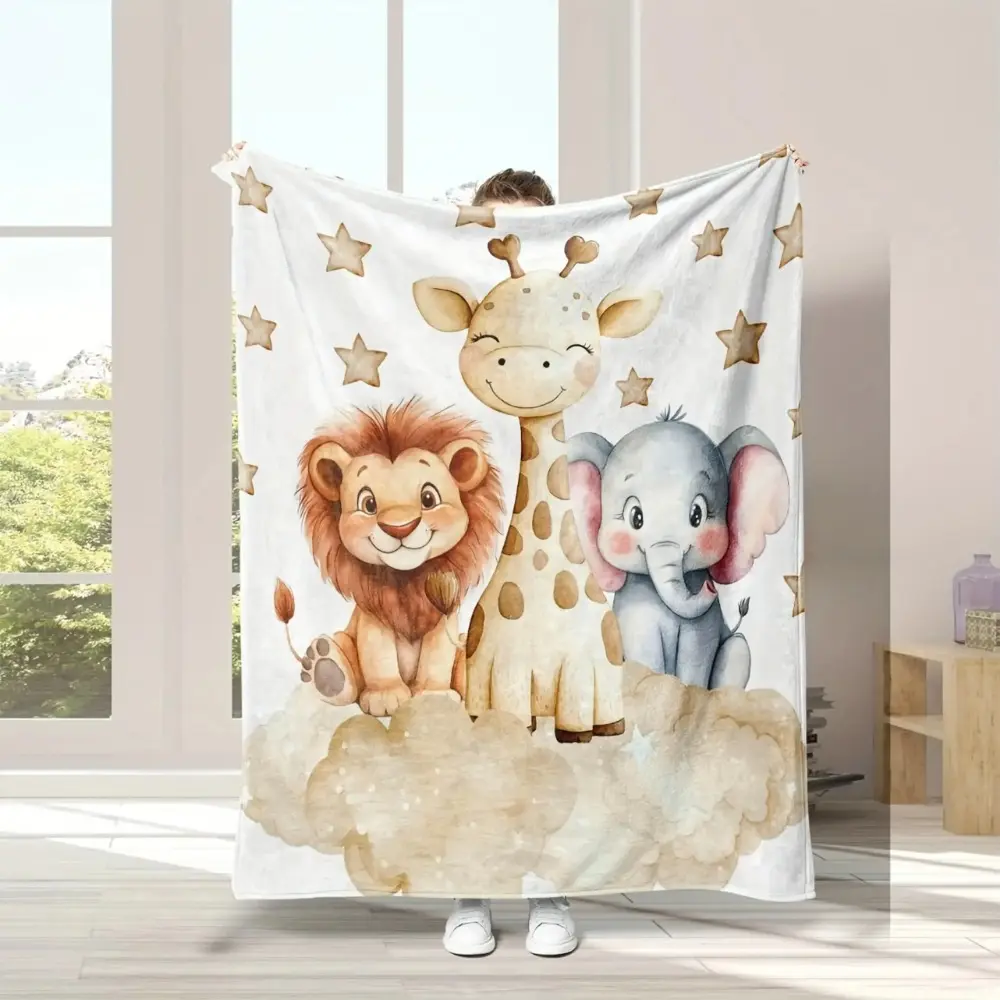 Safari Animal Flannel Blanket Cute Lion Giraffe Elephant Print Soft Cozy Throw Blanket Lightweight Plush Bedding Blanket For Baby Kids Bed Couch Sofa Nursery Room Jungle Theme Home Style