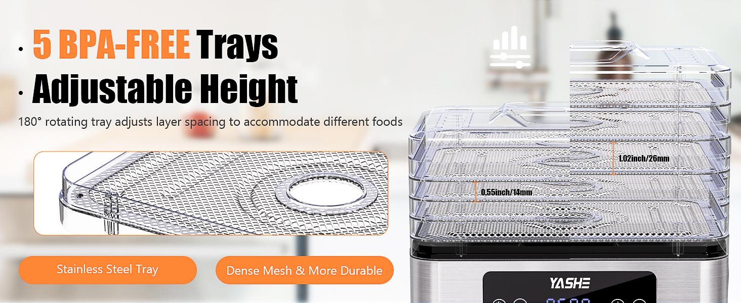 YASHE Food Dehydrator Machine, 5 Stainless Steel Trays, 48H Timer, Temperature Control, Recipe Book – Perfect for Jerky, Meat, Fruit & Dog Treats Appliances