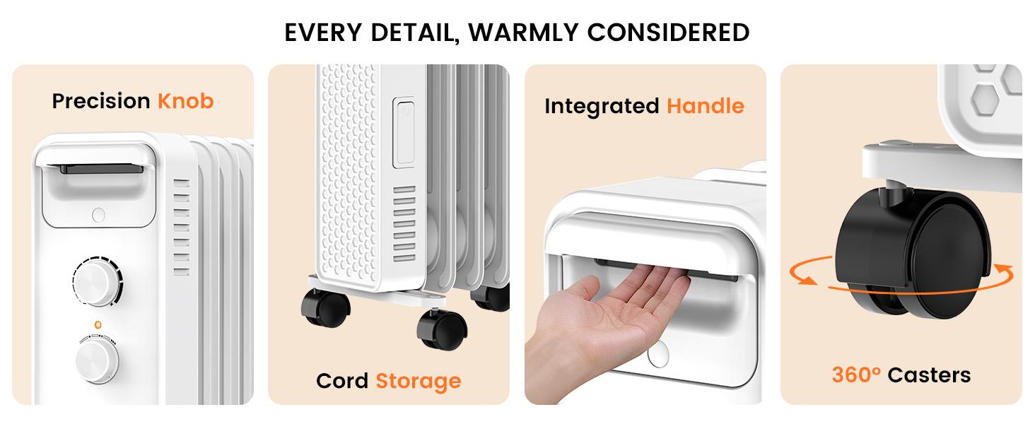 R.W.FLAME Oil Filled Radiator Heater,1500W Portable Electric with 3 Settings Adjustable Thermostat, Overheat Protection ,Quiet for Indoor Bedroom,Office, Wheels Handle Mobility, 7 Fins