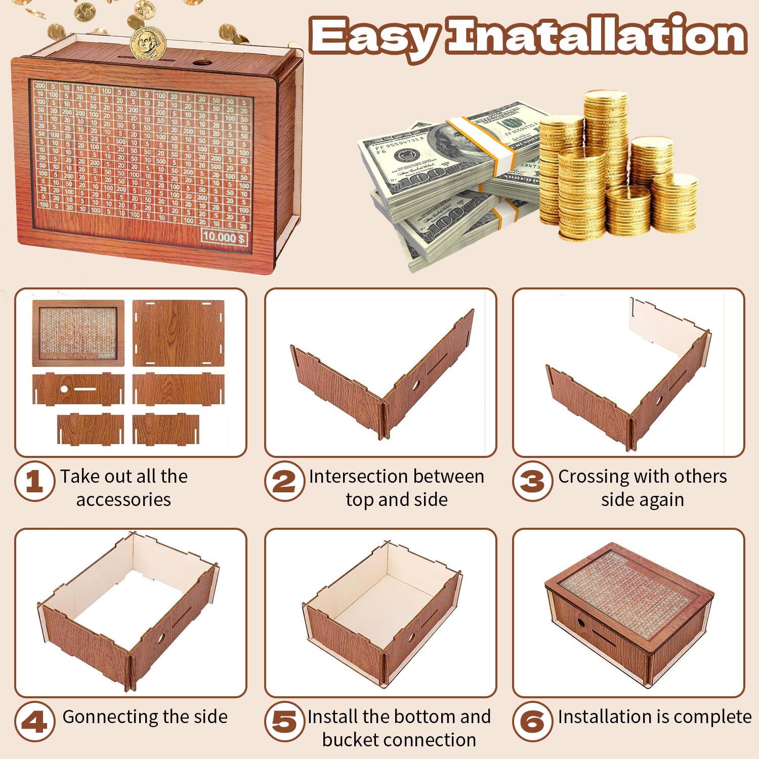 Cash Vault Wooden Savings Box, 2026 New Savings Challenge Box, Wooden Money Saving Box Money Box with Counter, Money Saver with Money 10000 Savings Target and Numbers