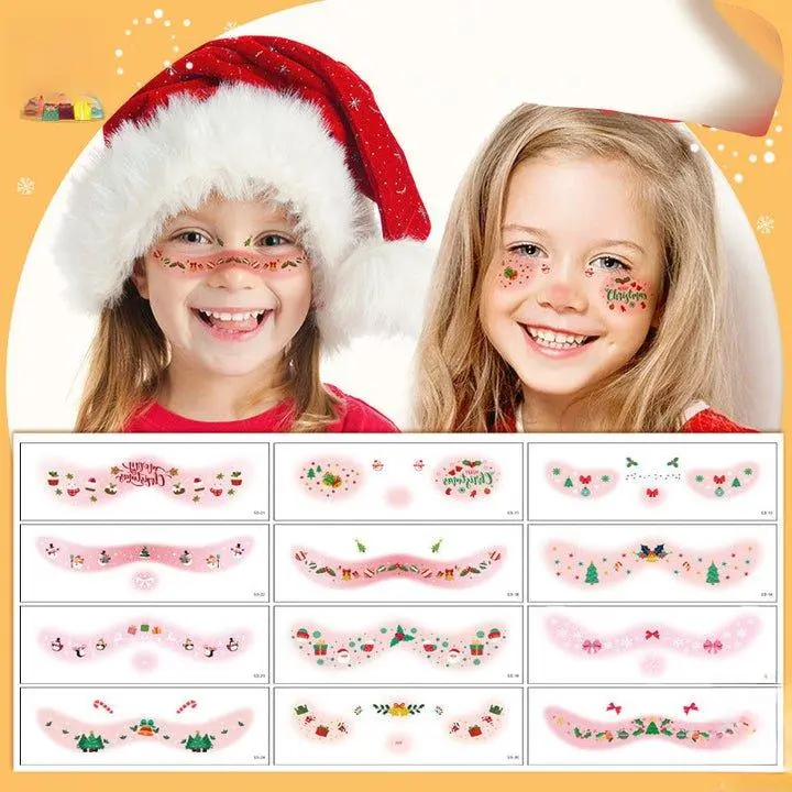 12 Sheets Christmas Temporary Face Tattoos for Kids Adorable Designs Water-Based Safe for Children's Skin Waterproof Long-Lasting Festive Tattoos for Parties and Holidays