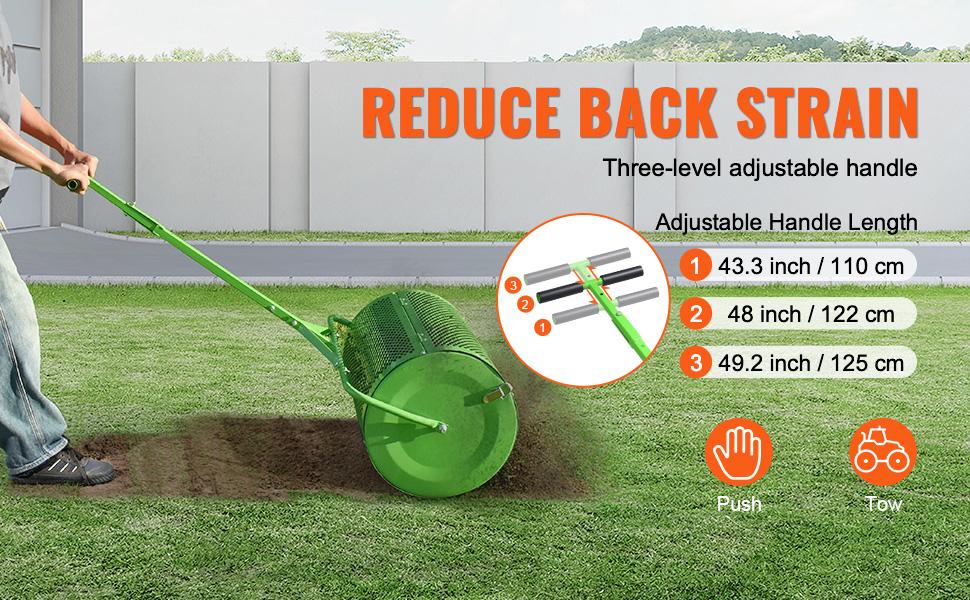 VEVOR Compost Spreader and Peat Moss Spreader,  24" Push/Tow-Behind Roller Lawn Spreader with Height Adjustable T Shaped Handle, Steel Mesh Basket Garden Spreader for Spreading Manure Topsoi