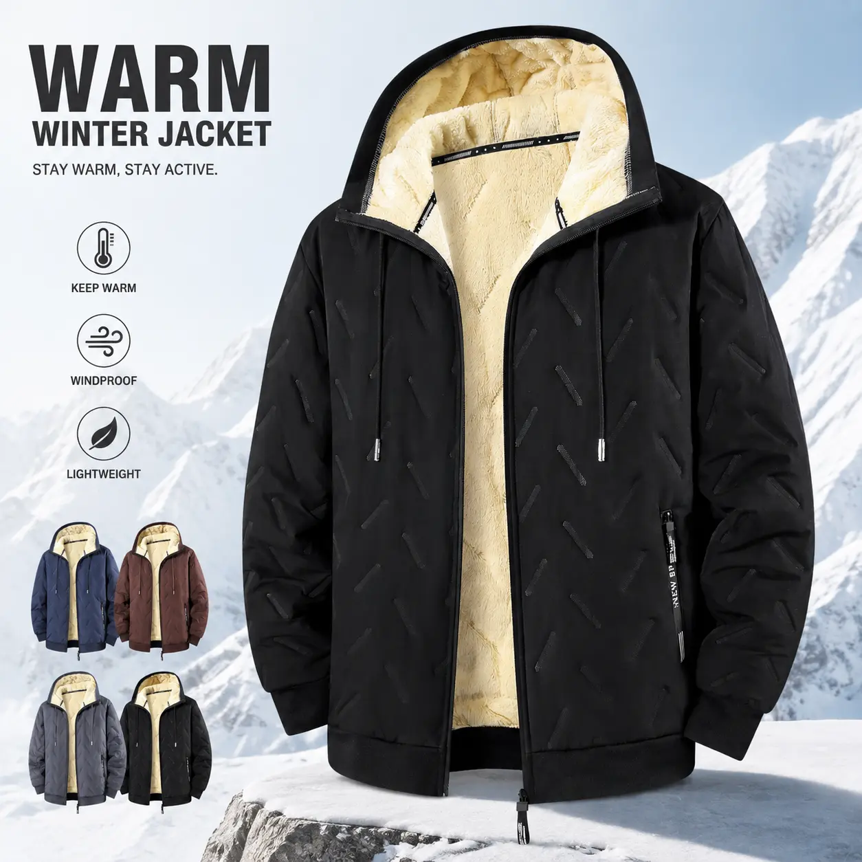 Men’s fleece-lined windproof warm winter jacket with zippered pockets and a hood design, elastic cuffs and hem—warm and comfortable for everyday casual wear, hiking, camping, fishing, and commuting.