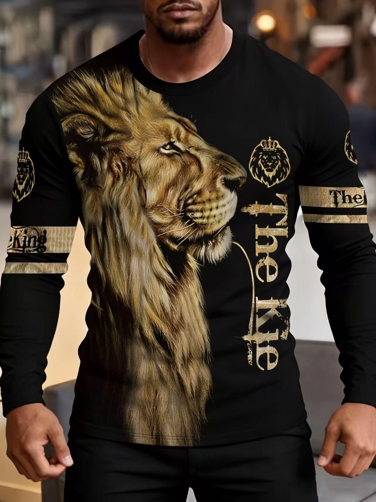 Men's Casual Long-Sleeve 'King' Lion Print T-Shirt - Black and Gold Animal Print, Fashion Crown Emblem, Casual Streetwear, Perfect for Daily Casual Wear