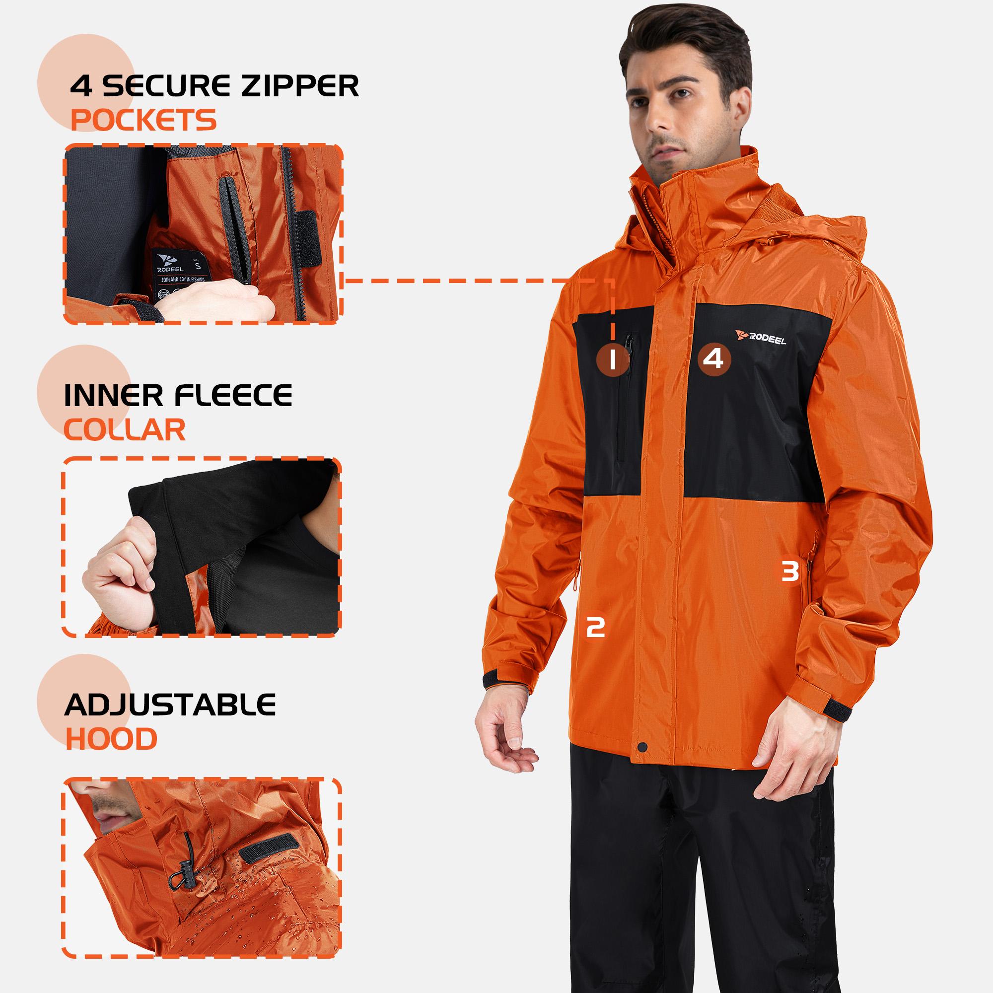 【RODEEL】702 Waterproof Jacket and Pants Set Men Lightweight Breathable Full Zip Hooded Rain Coat Durable Rain Suit Weatherproof Rainwear Windbreaker For Outdoor Sports Hiking Fishing Boating Construction Roofing Landscaping Gardening, Holiday Gift