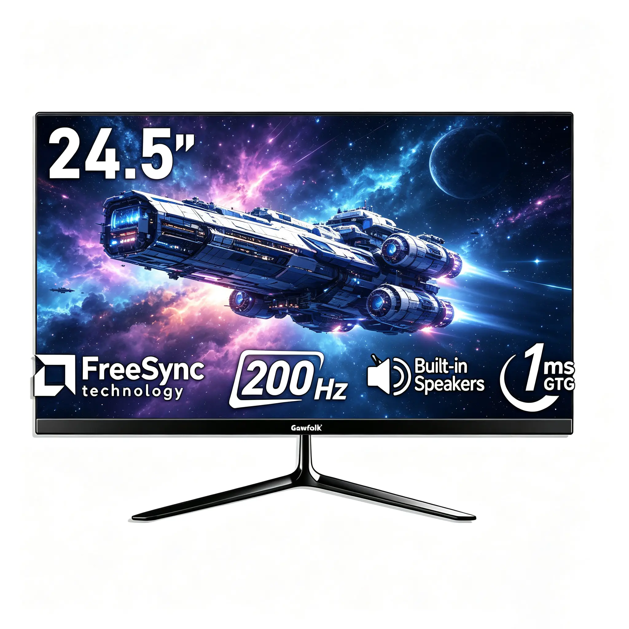 Gawfolk 24.5 Inch 200Hz FHD Gaming Monitor, 1080P 1ms GTG, FreeSync, 99% sRGB, Built-in Speakers, Flicker-Free, Frameless, HDMI & DP, 75x75 VESA Wall Mountable