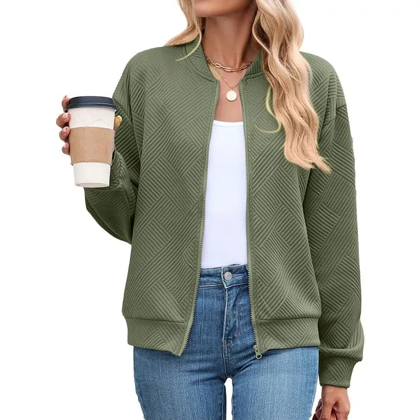 Women's Quilted Bomber Jacket - Loose-Fit Sporty Chic Coffee Casual Top with Full Zip, Stand Collar, Ribbed Cuffs, Geometric Embossing, Asymmetrical Design, Lightweight Woven Fabric, High-Waisted Layering for Brunch, Outdoors, Cool Girl Style