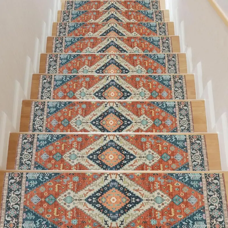 15pcs Non-Slip Stair Treads for Wooden Steps Indoor, Anti-Slip Carpet Stair Mats with Rubber Backing, Boho Stair Rugs, Washable, Slip-Resistant, Durable, Protective, Easy Install, Suitable for Kitchen, Laundry Room, and More