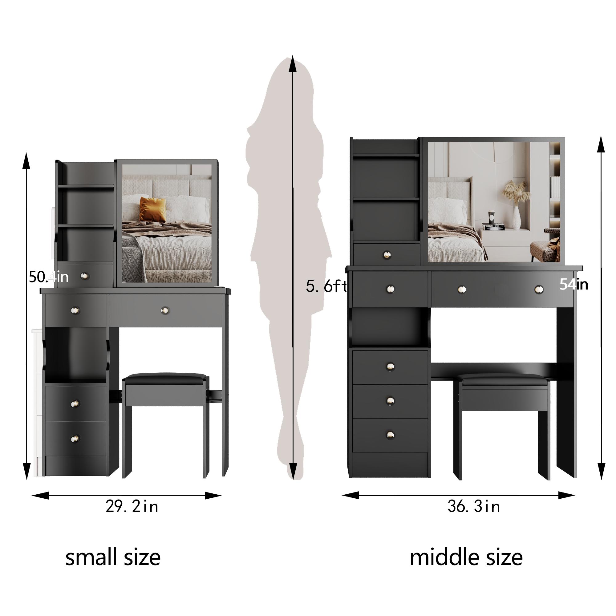 29.2" Small Size Left Drawer Desktop Vanity Table + Cushioned Stool, Extra Large Right sliding mirror, Multi Layer High Capacity Storage, Practical Fashionable Dresser, Suitable For Small Space 29.2" Small Size Left Drawer Desktop Vanity Table + Cushioned Stool, Extra Large Right sliding mirror, Multi Layer High Capacity Storage, Practical Fashionable Dresser, Suitable For Small Space