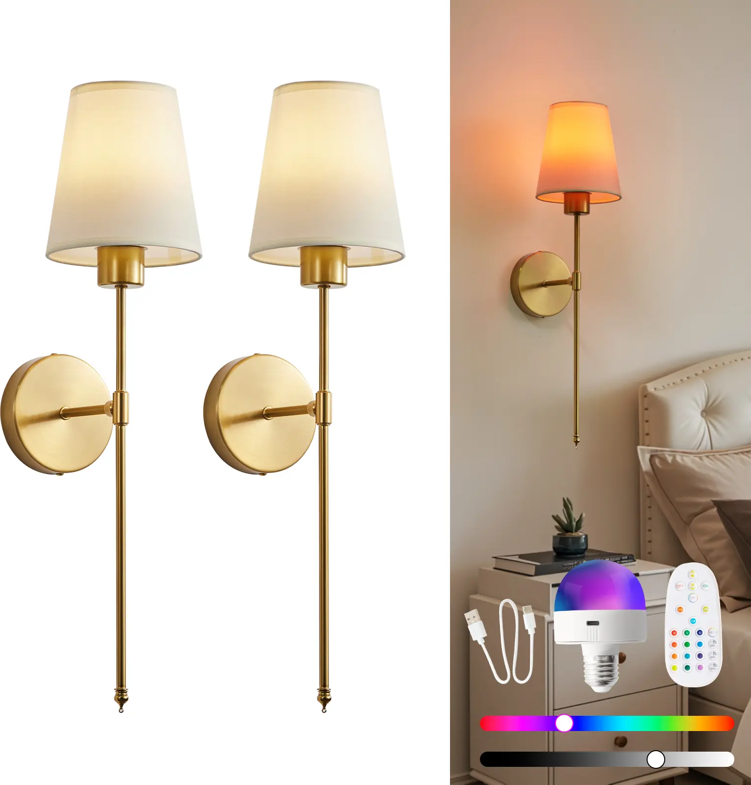 2-Pack Gold/Black Farmhouse Wall Sconces - Wireless Cordless, Battery-Operated (Batteries Required), Remote-Controlled, Dimmable, No Wiring, Room Decor, House Decor, Vanity Lighting for Living Room, Corridors, Valentine's Day Gift