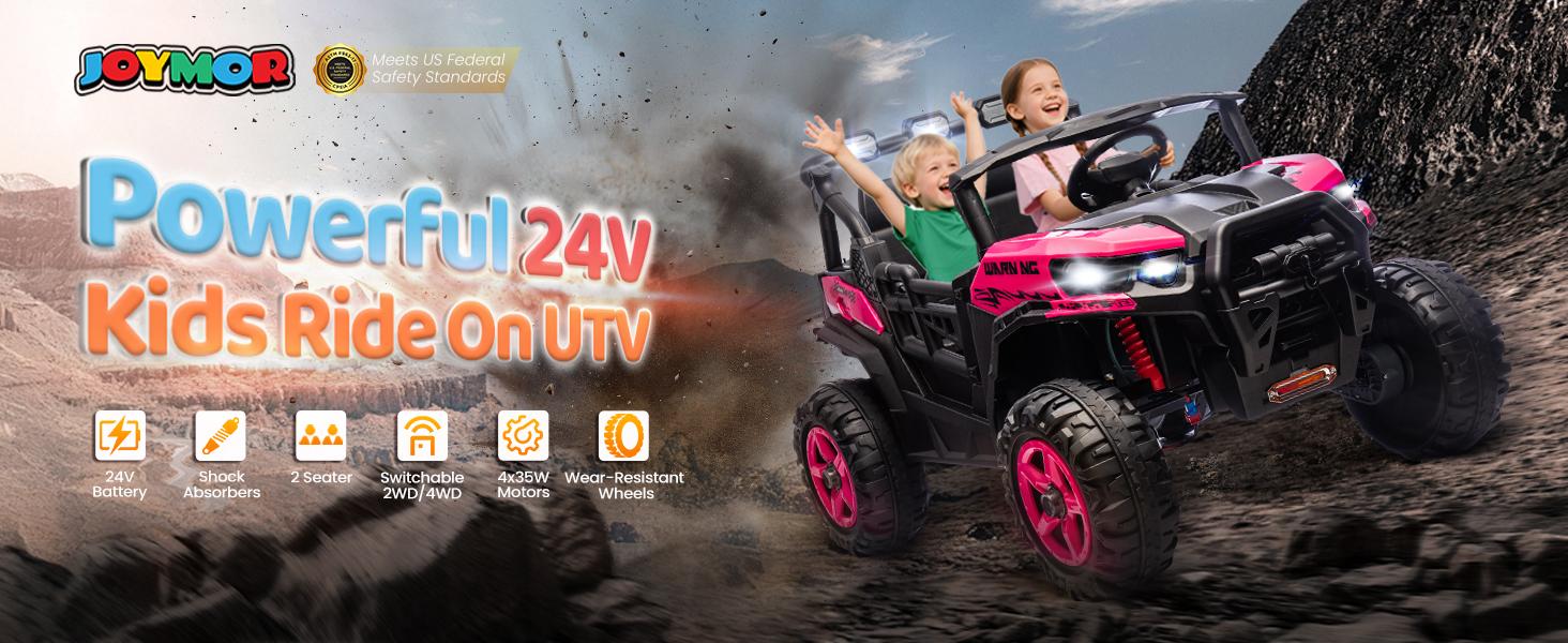 JOYMOR 2-Seater 24V Ride On UTV Truck with Remote Control, 3 Speeds Electric Car with Spring Suspension LED Music, 4 Motors Power Wheel for Kids Ages 3-8, 135 lbs Weight Capacity