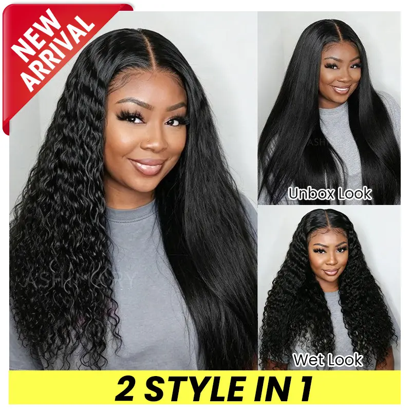 [2 Style IN 1- New Arrival] Wet and Wavy 2-in-1 Straight to Water Wave 360/7x5 StayLock Contour Structure 720° Snug Fit Transparent Lace Frontal Bleached Knots Pre Cut Lace Wig