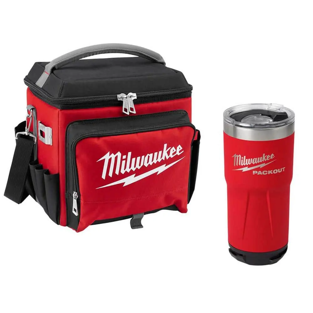 Milwaukee 21 Qt. Soft-Sided Jobsite Insulated Lunch Bag - Portable Thermal Lunch Carrier, Easy-Carry Cooler Bag Cooler with Attached Bottle Opener, 20 oz Red PACKOUT Tumbler, Dishwasher Safe Camping Picnic Essentials, Insulated Lunch Bags