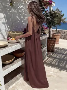 Women's Solid Color Cami Lounge Dress, Elegant Sleeveless Long Dress for Summer, Ladies Sleepwear for Indoor Wear, Ladies Clothes for Beach Holiday Vacation