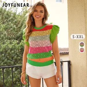 Joyfunear Summer Fashion Essential Colorful with Ruffled Sleeves Striped Knit Top