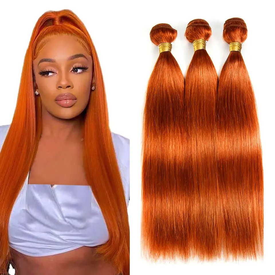 Neihky Ginger Straight Hair Bundles, 350 Burnt Orange Brazilian Virgin Human Hair Extensions, Double Weft, Soft and Silky Sew-in for Black Women, Brazilian Virgin Straight, Seamless Straight Extensions