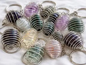 Crystal Gem Keychains with Silver Wire Wrapping and Chain - Unique Design