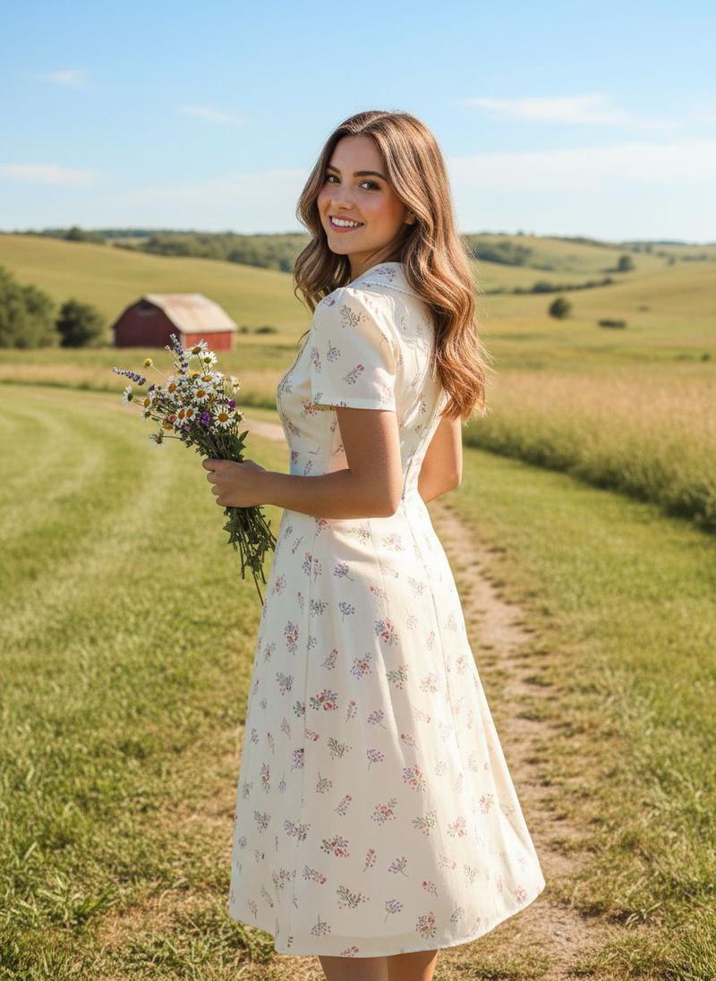 PURE COTTON BEIGE 1940S PUFF SLEEVES FLORAL DRESS Casual Womenswear Cute Summer Fitted Vneck Shortsleeve