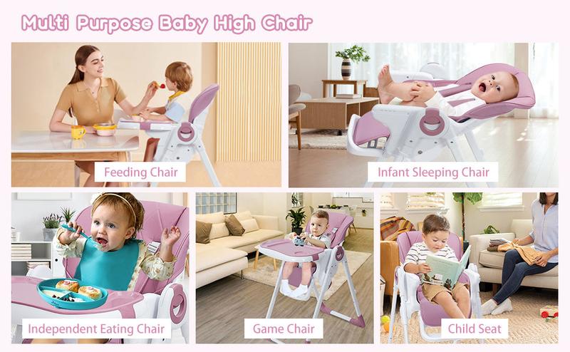 GARVEE Baby High Chair: Adjustable Height, Reclining Feature, Lightweight Aluminum Frame, Easy Clean Removable Tray, Foldable Design, Available in Lilac and Dark Gray, Ideal for Feeding and Playtime.