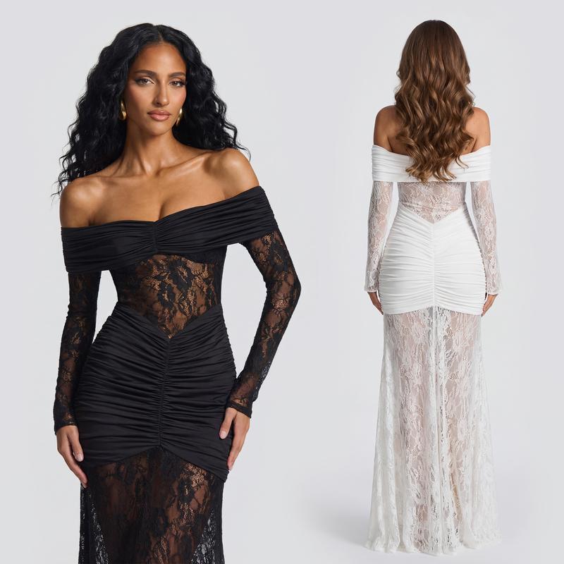 OQQfitness Women's Maxi Party Dress, Off Shoulder Elegant Ruched Bodycon Solid Color Evening Party Gown LongSleeve, Lace Formal Formal Wear