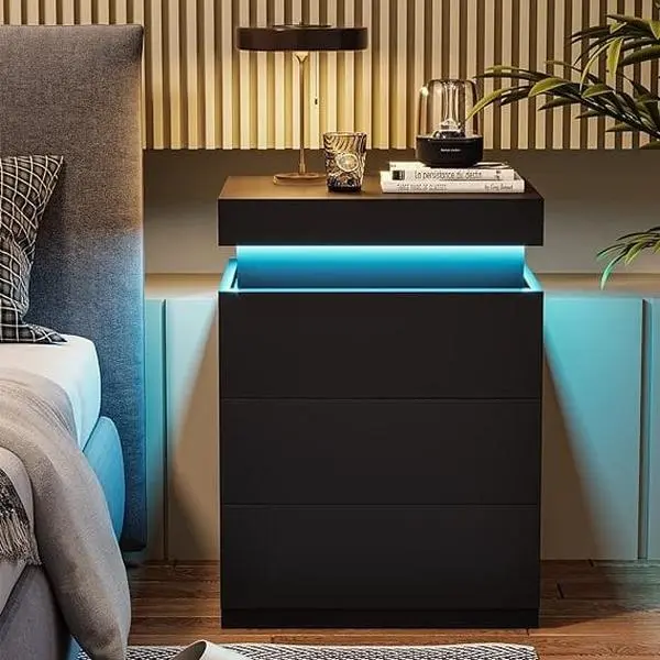 SIKAIC 3-Drawer Nightstand with Charging Station - LED Lights, Sliding Top, Modern Stylish Bedroom Items, Nightstands with Drawer, Indoor Apartment Bedroom Furniture,dorm essentials,home decor