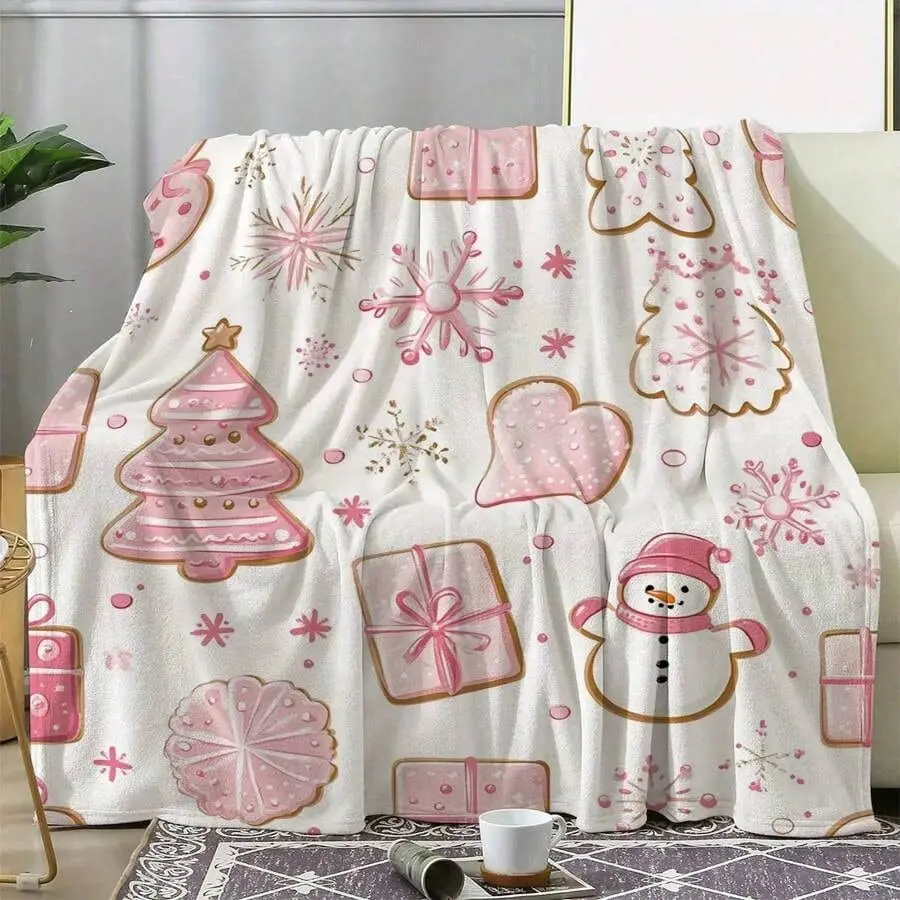 Pink Gingerbread Print Flannel Cotton Christmas Blanket - Soft, Warm Home Decor Throw - Suitable for Home & Travel, All Seasons - Festive Bedding & Linen Textile