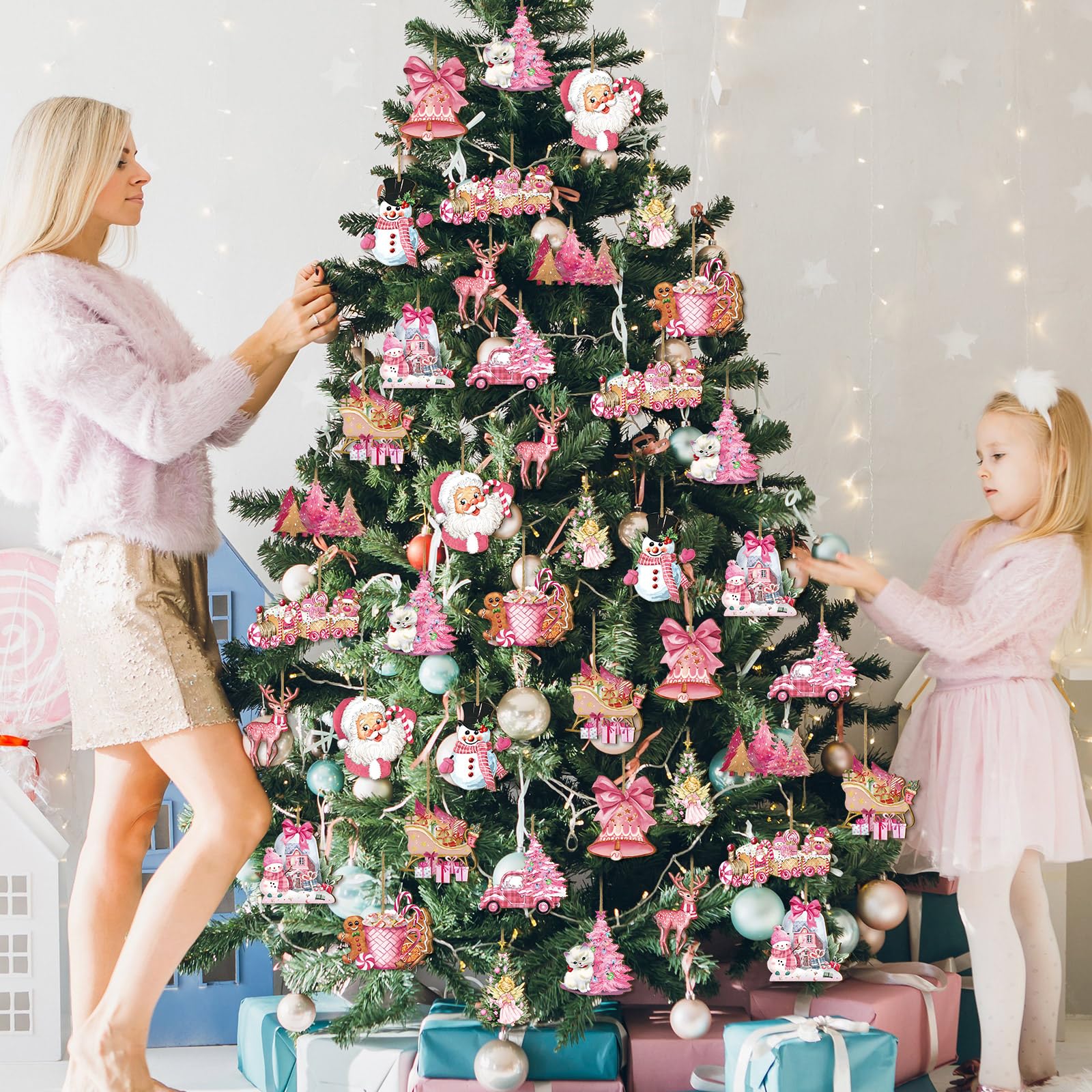 Christmas Clearance Sale 36 Pcs Christmas Ornaments Set Cute Pink Christmas Santa Claus Snowman Design Wooden Hanging Ornaments Christmas Decorations for Xmas Tree Holiday Party Home Decor Winter Crafts Supplies Christmas Gift Pink Girly Aesthetic