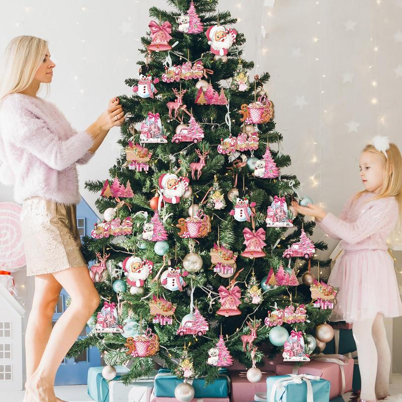 Christmas Clearance Sale 36 Pcs Christmas Ornaments Set Cute Pink Christmas Santa Claus Snowman Design Wooden Hanging Ornaments Christmas Decorations for Xmas Tree Holiday Party Home Decor Winter Crafts Supplies Christmas Gift Pink Girly Aesthetic