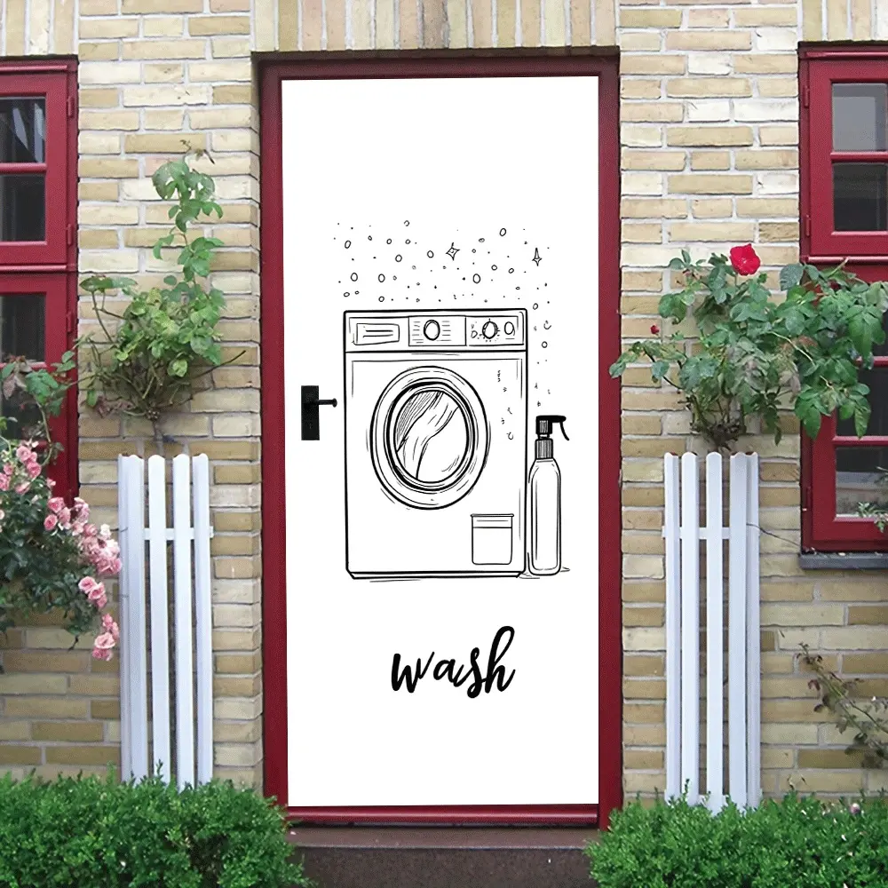 2pcs Creative Laundry Room Wall Stickers Minimalist Line Washing Machine Pattern Decals Bathroom Kitchen Decorative Stickers Self Adhesive Removable Wall Decor HomeDecor Supplies Waterproof Wear Resistant