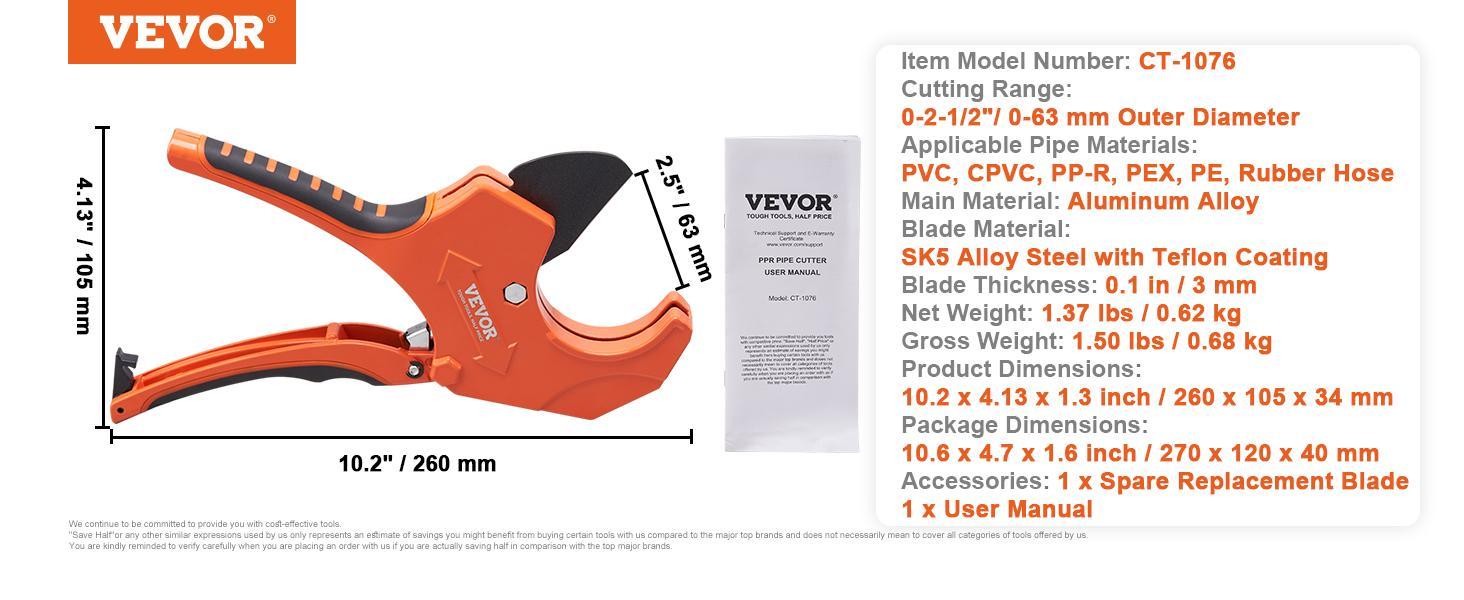 VEVOR PVC Pipe Cutter, 0-2-1/2" O.D. Ratcheting PVC Pipe Cutter, Heavy Duty Tube Cutting Tool with Spare SK5 Blade for PVC, CPVC, PP-R, PEX, PE, Rubber Hoses