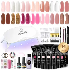 ROSALIND Mini Poly Nail Gel Kit with Mini 8LED UV Nail Lamp Drying and Multiple Diy Tools Accessories kit 14/20/28Colors Clear Pink Nude Glitter Extension Nail Gel Strengthener Manicure Transform Your Nails Design